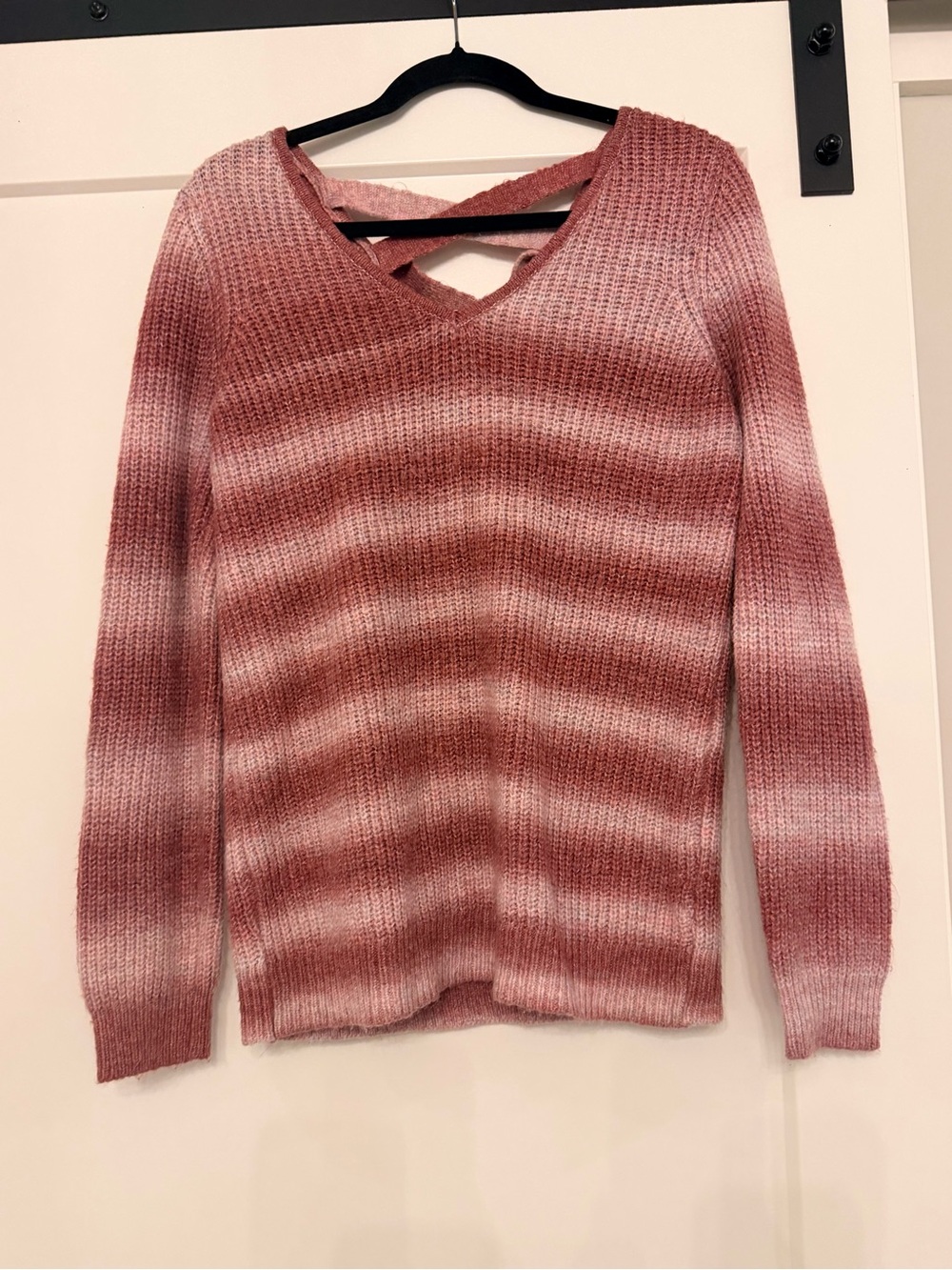 Striped V-Neck Cross-Back Sweater in Dusty Rose